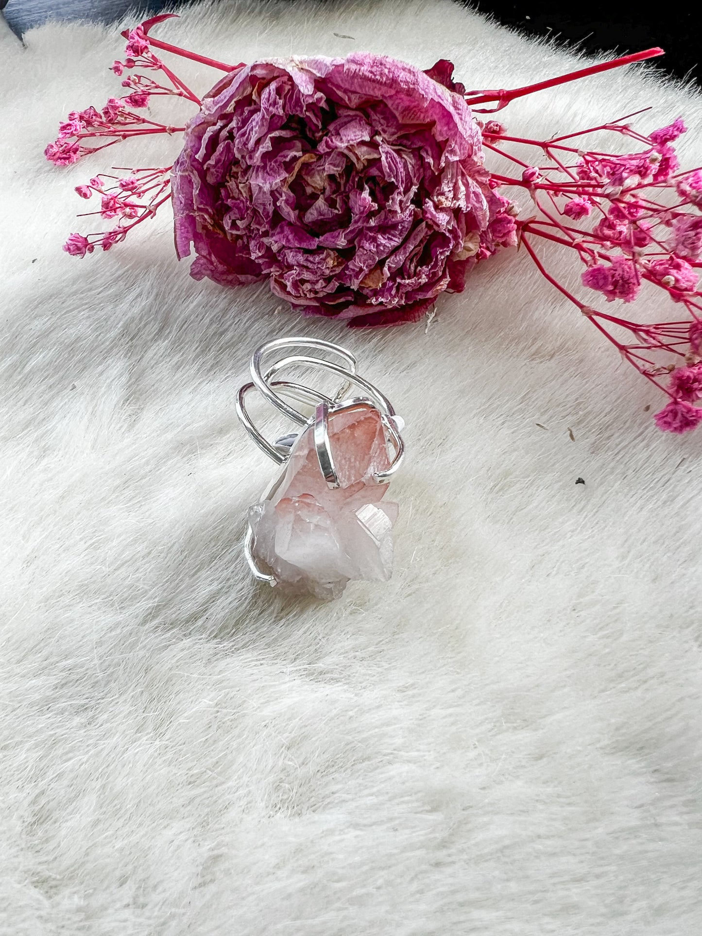 Pink Lithium Quartz Silver Plated Adjustable Ring