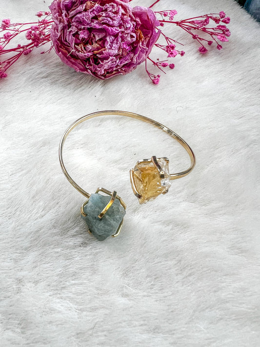 Rough Aquamarine Citrine Gold Plated Adjustable Bracelet