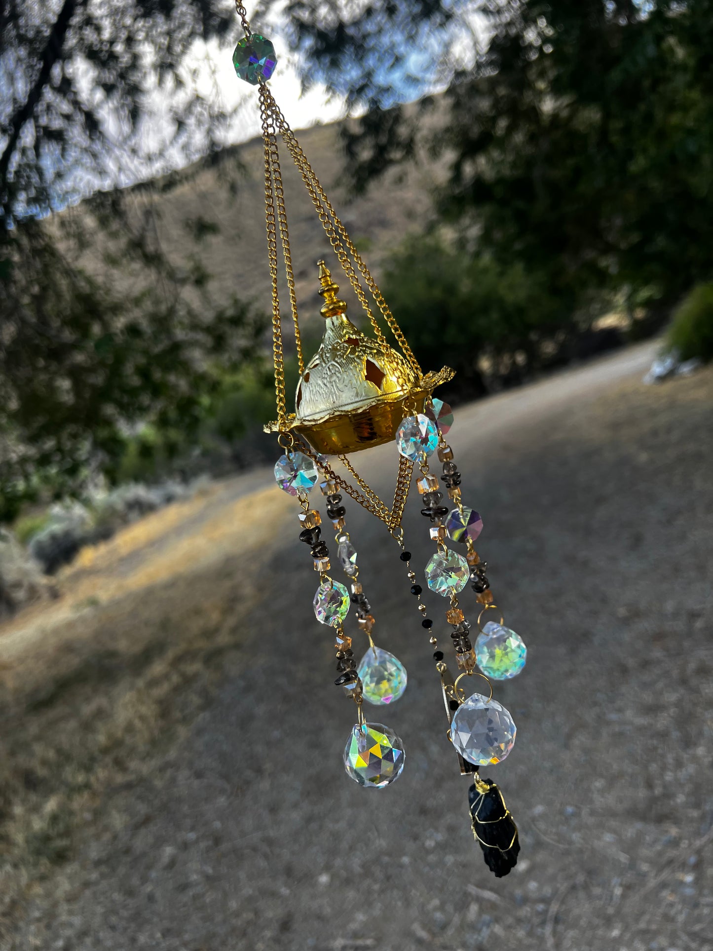 “Ravenna” Smokey Quartz Black Tourmaline Incense Holder Suncatcher