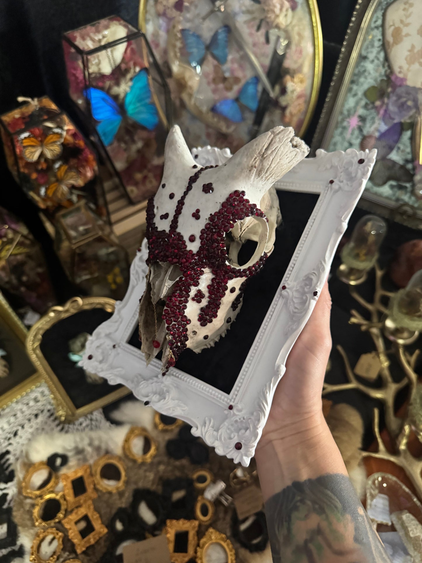 Baltazar Gothic Framed Goat Skull Red Rhinestone Embellished Artwork