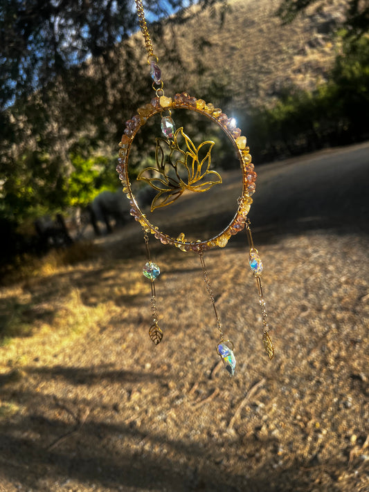 “Lina” Rose Quartz Lotus Crystal Suncatcher