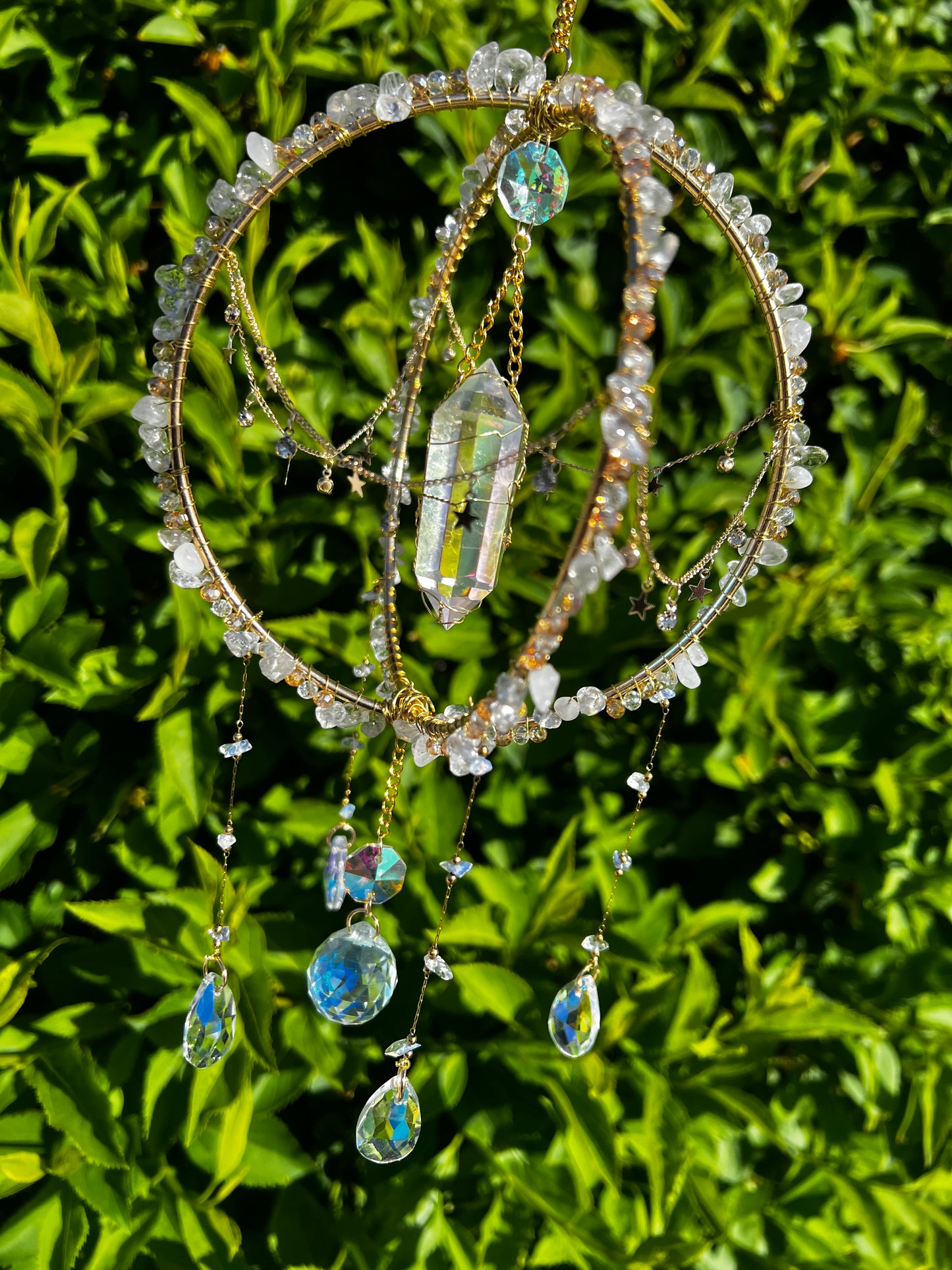 “Talia” celestial Clear Quartz beaded suncatcher with Angel Aura Double point