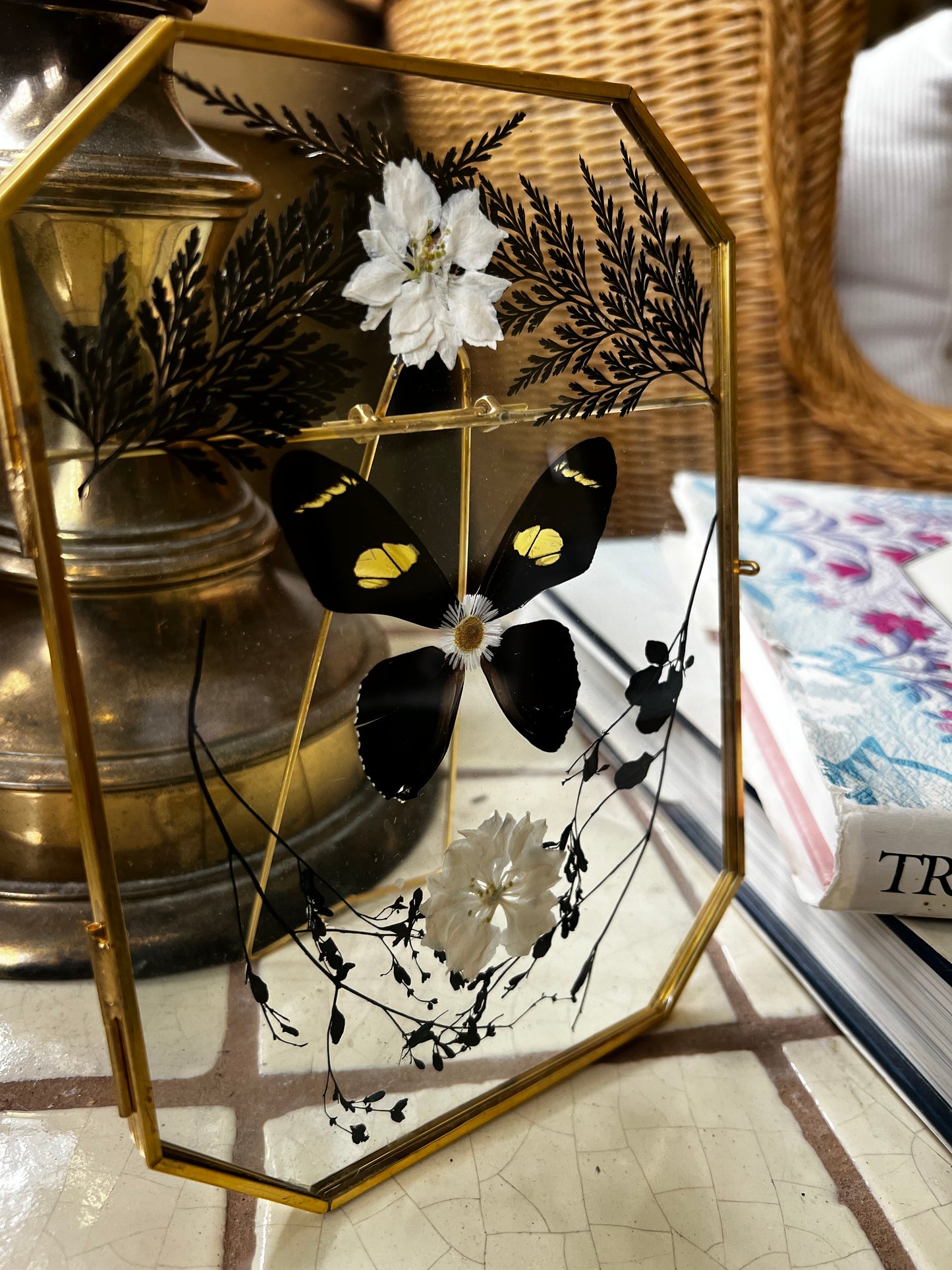 Floral Framed Glass Butterfly Artwork