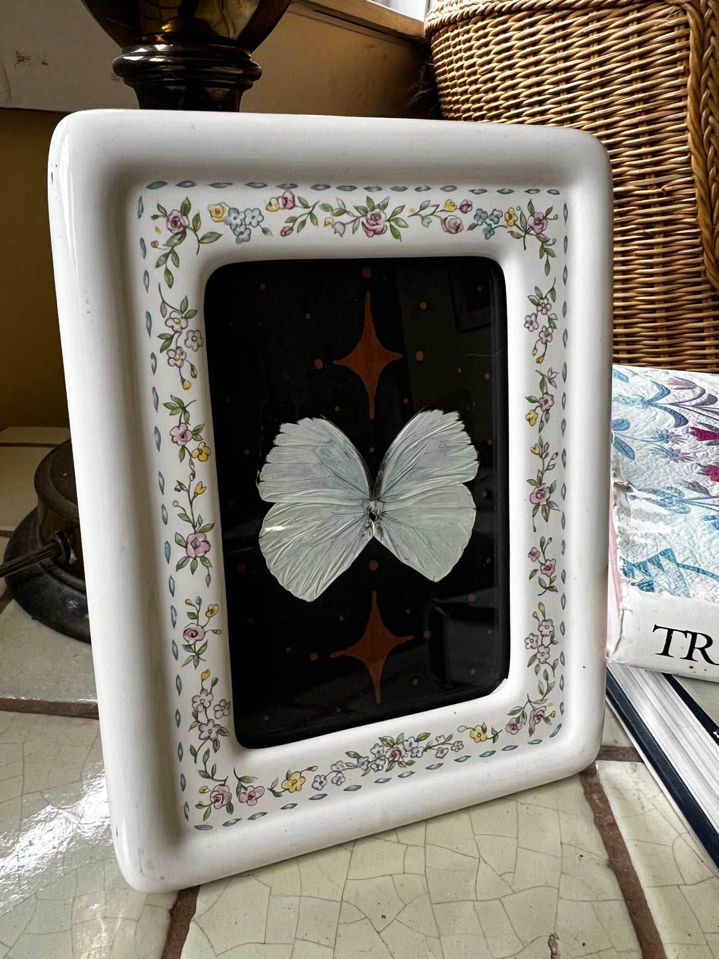 Vintage Ceramic Framed Butterfly Celestial Artwork