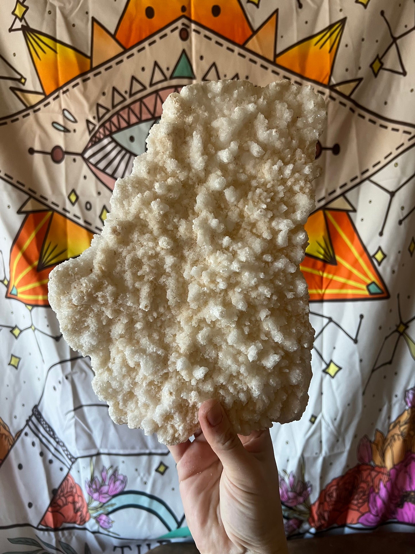 Druzy White Aragonite statement slab with metal stand