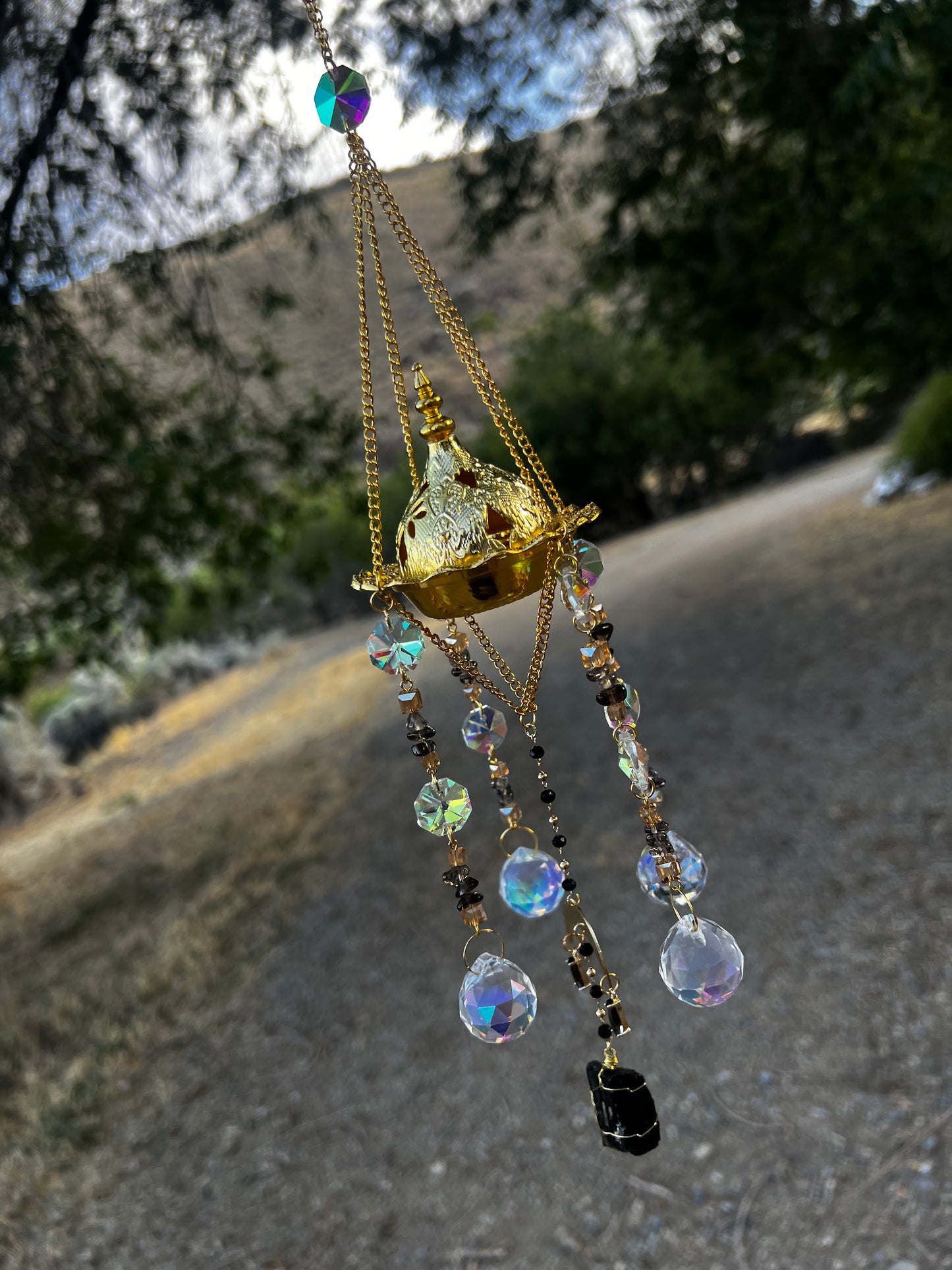 “Ravenna” Smokey Quartz Black Tourmaline Incense Holder Suncatcher