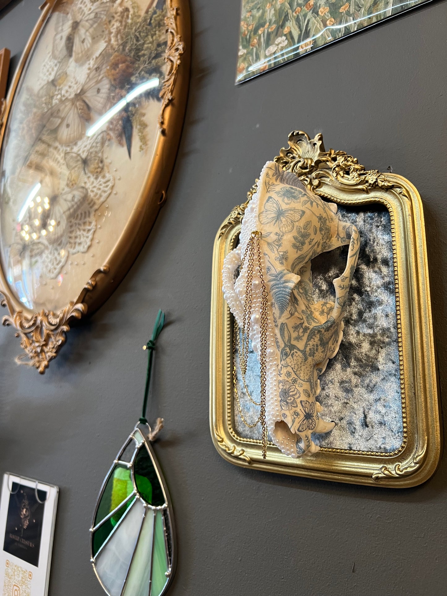 Ophelis Coyote Skull Faux Pearl Botanical Chained Gold Ornate Framed Oddities Taxidermy Artwork