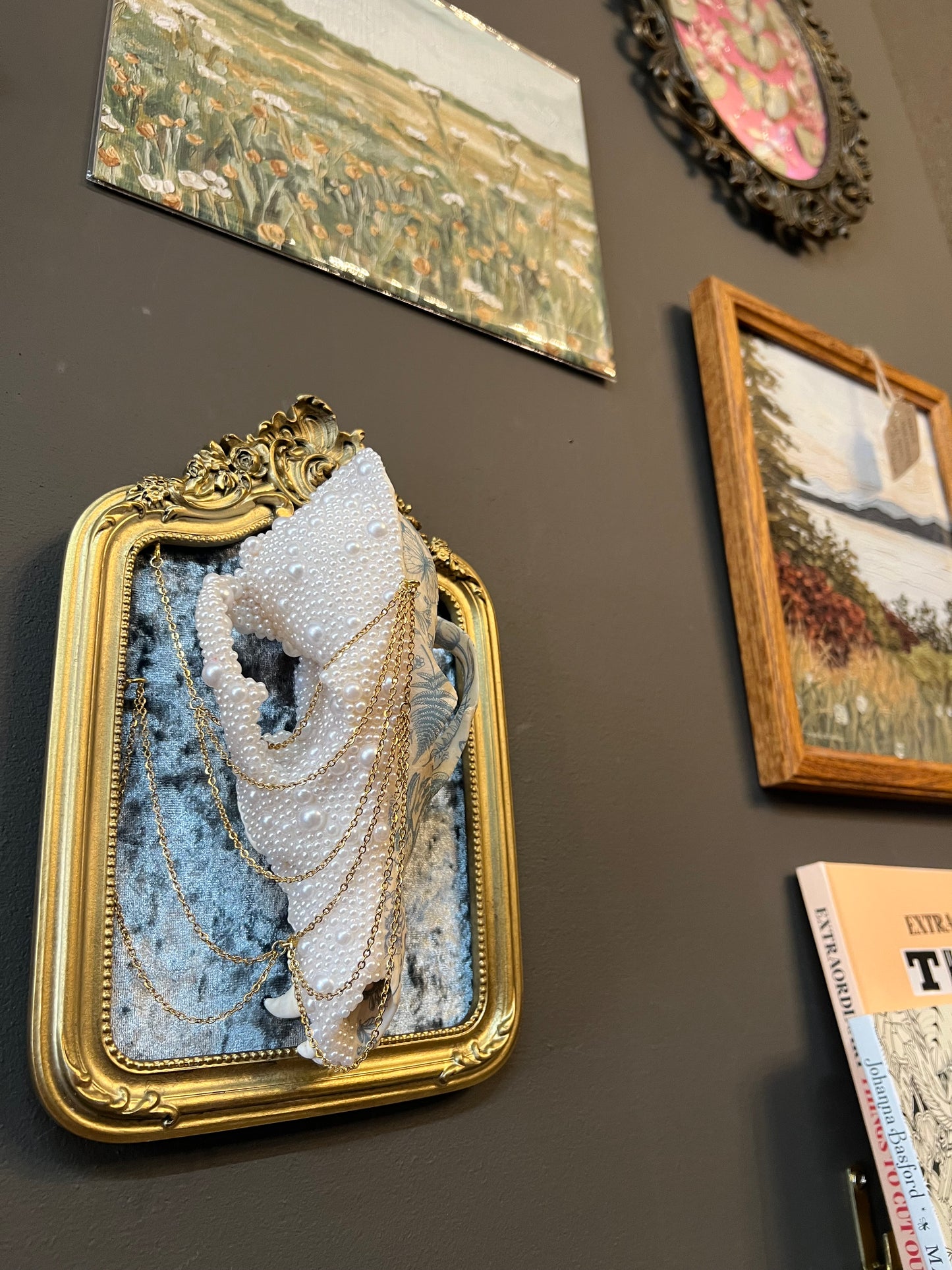 Ophelis Coyote Skull Faux Pearl Botanical Chained Gold Ornate Framed Oddities Taxidermy Artwork