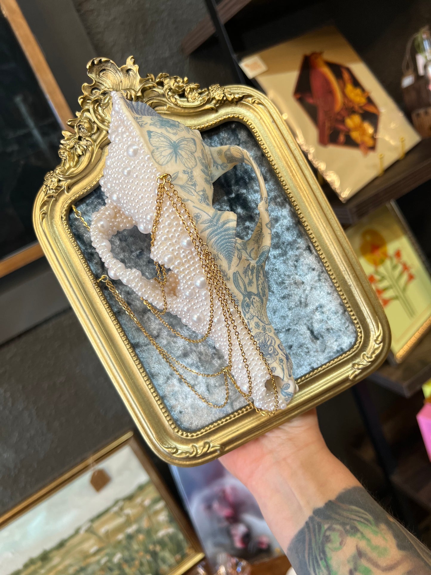 Ophelis Coyote Skull Faux Pearl Botanical Chained Gold Ornate Framed Oddities Taxidermy Artwork