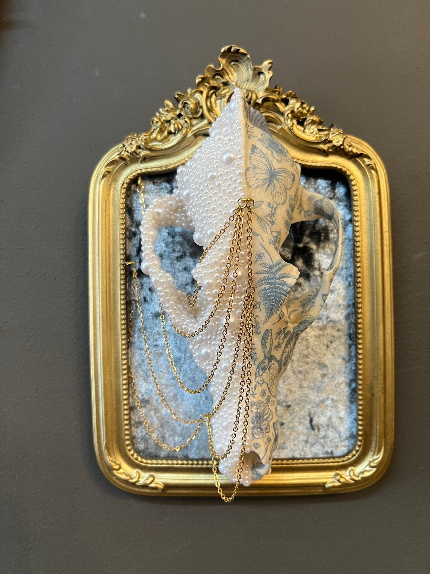Ophelis Coyote Skull Faux Pearl Botanical Chained Gold Ornate Framed Oddities Taxidermy Artwork