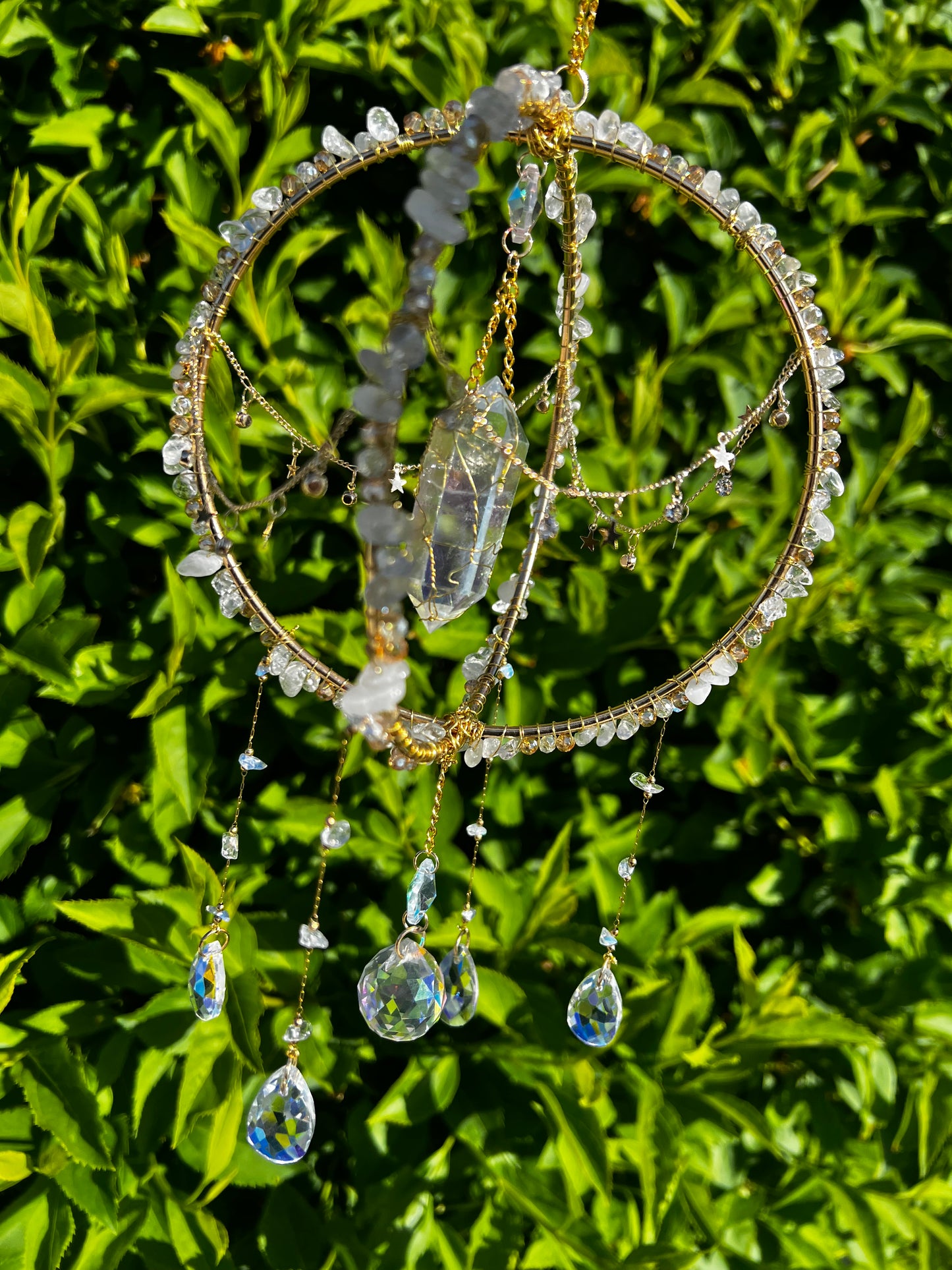 “Talia” celestial Clear Quartz beaded suncatcher with Angel Aura Double point