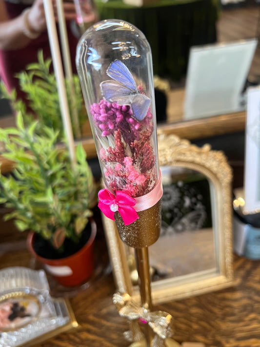 Valentina Butterfly Entomology Floral Botanical Pink Oddities Candlestick Glass Done Artwork