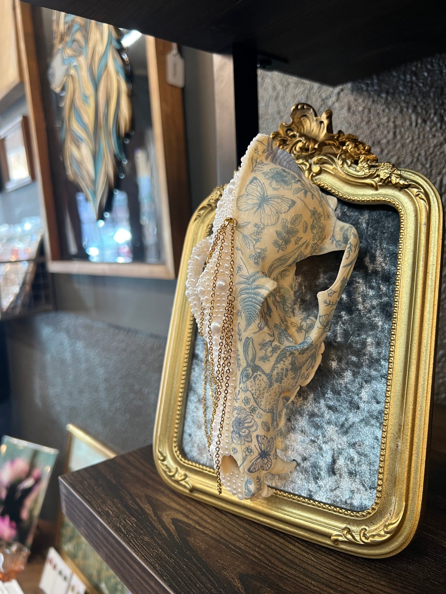 Ophelis Coyote Skull Faux Pearl Botanical Chained Gold Ornate Framed Oddities Taxidermy Artwork