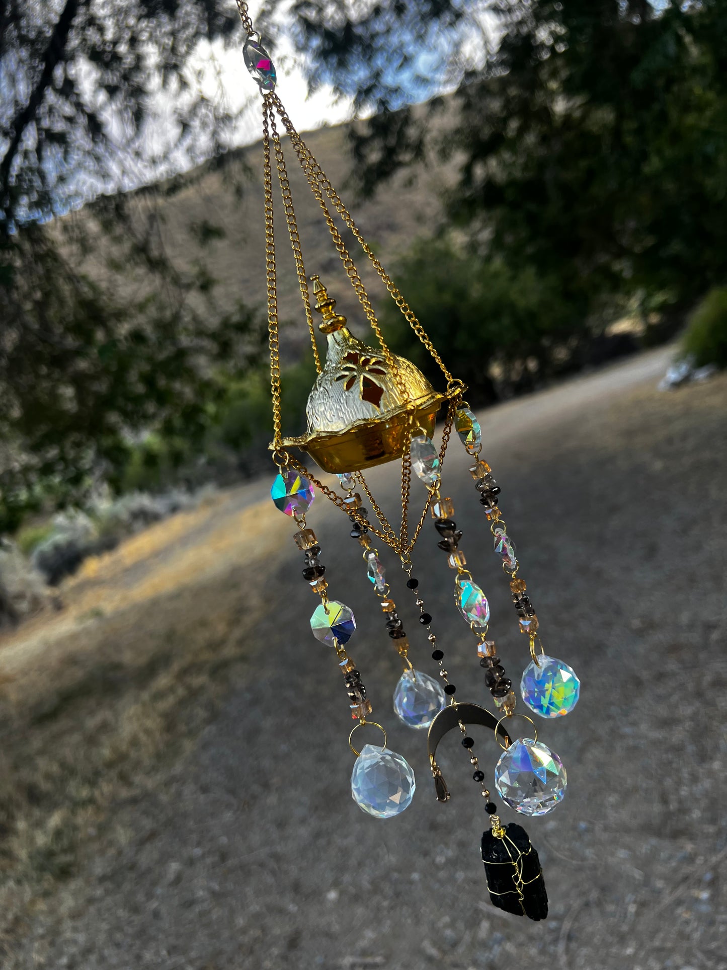 “Ravenna” Smokey Quartz Black Tourmaline Incense Holder Suncatcher