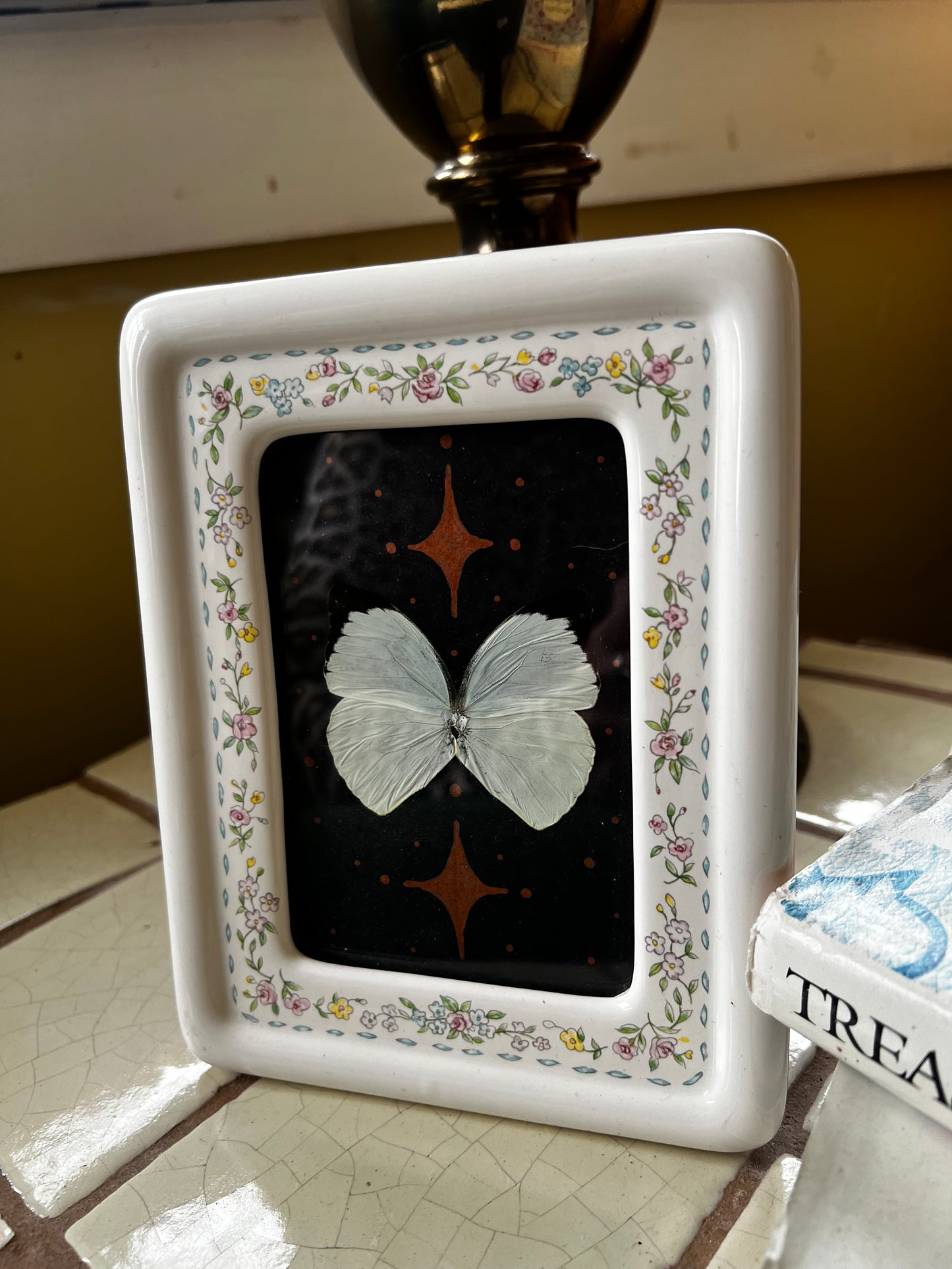 Vintage Ceramic Framed Butterfly Celestial Artwork