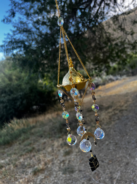 “Ravenna” Smokey Quartz Black Tourmaline Incense Holder Suncatcher