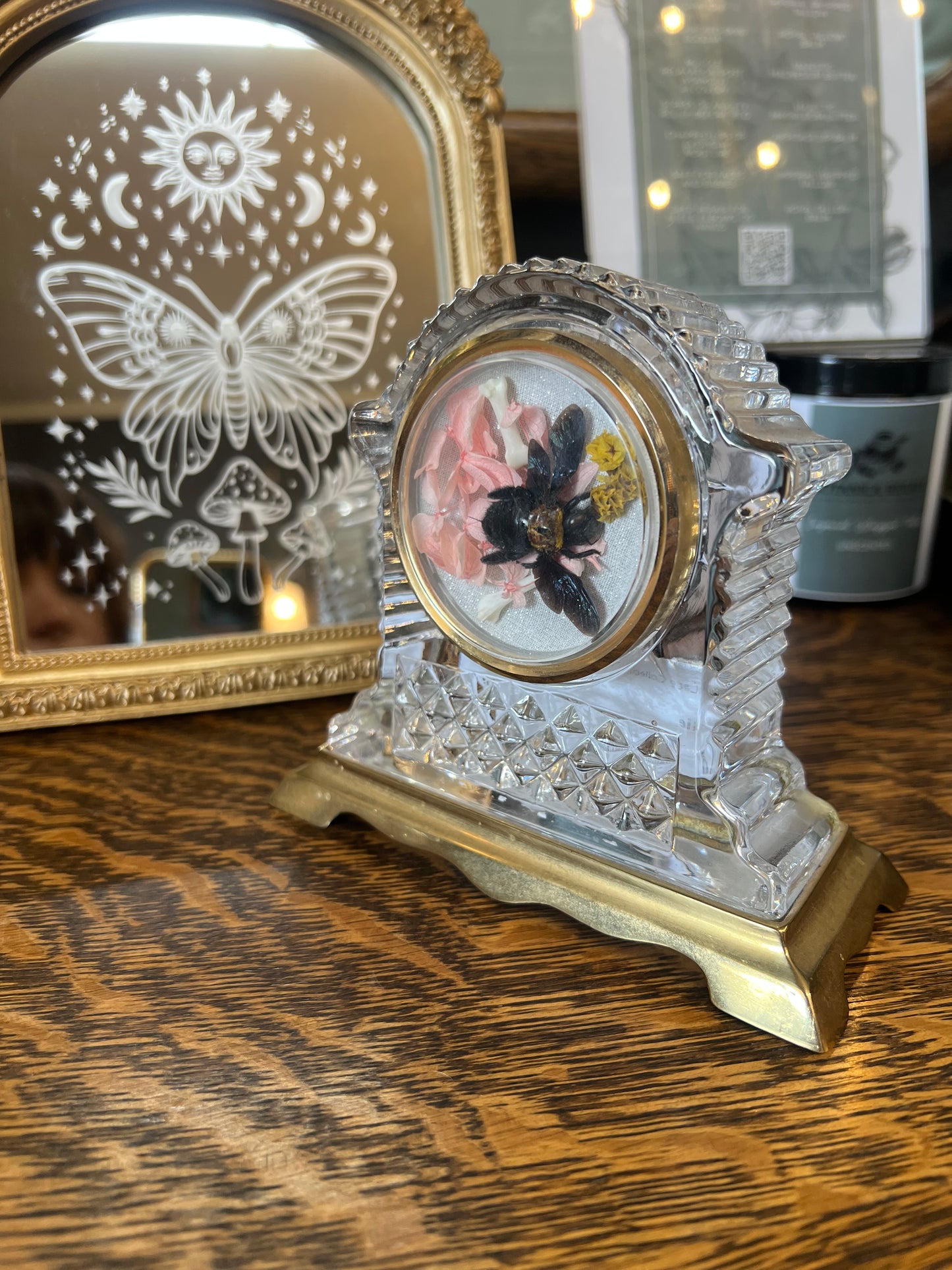 Tillie Bee Insect Entomology Vintage Crystal Clock Dried Flower Oddities Artowork