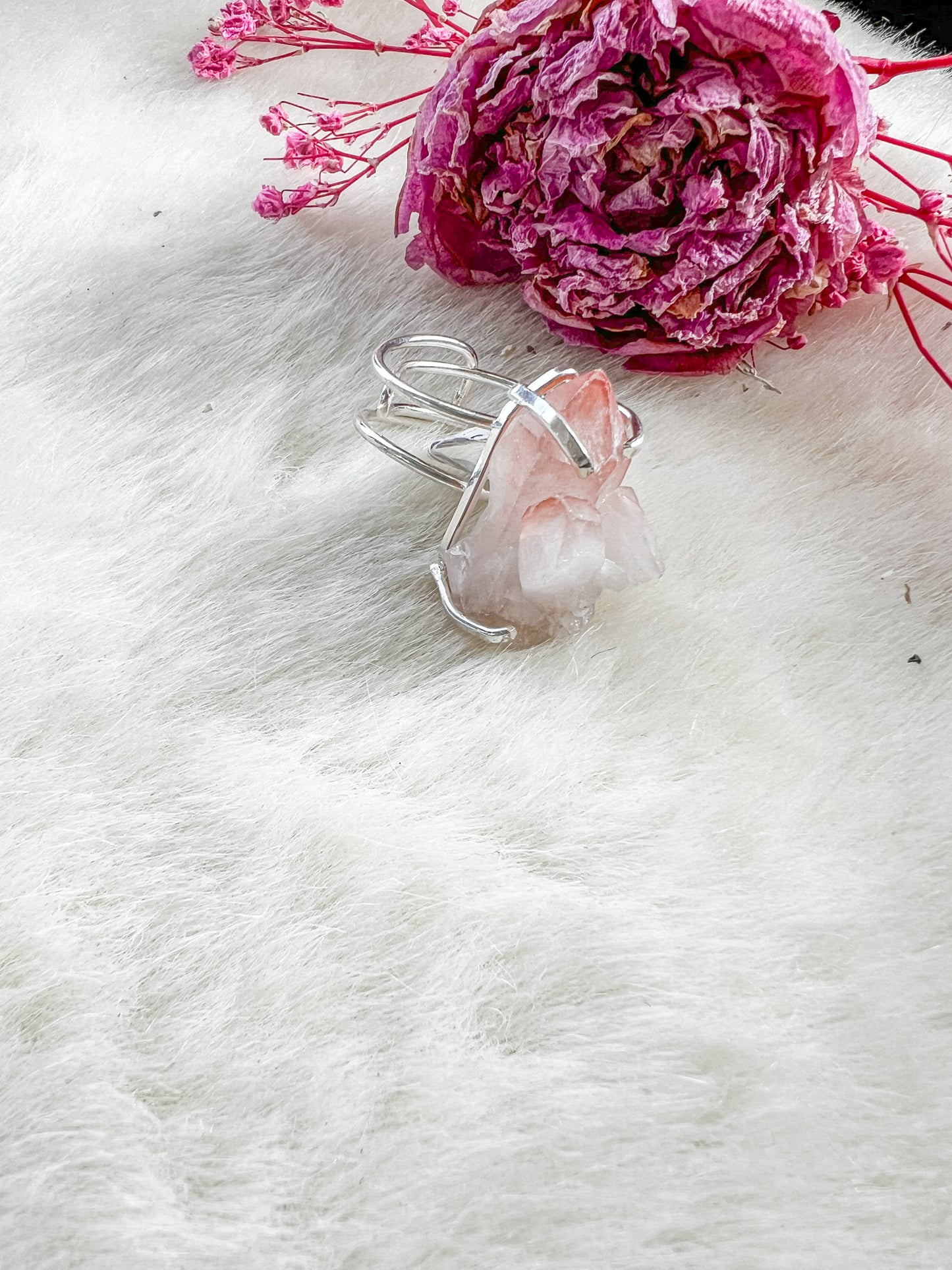 Pink Lithium Quartz Silver Plated Adjustable Ring