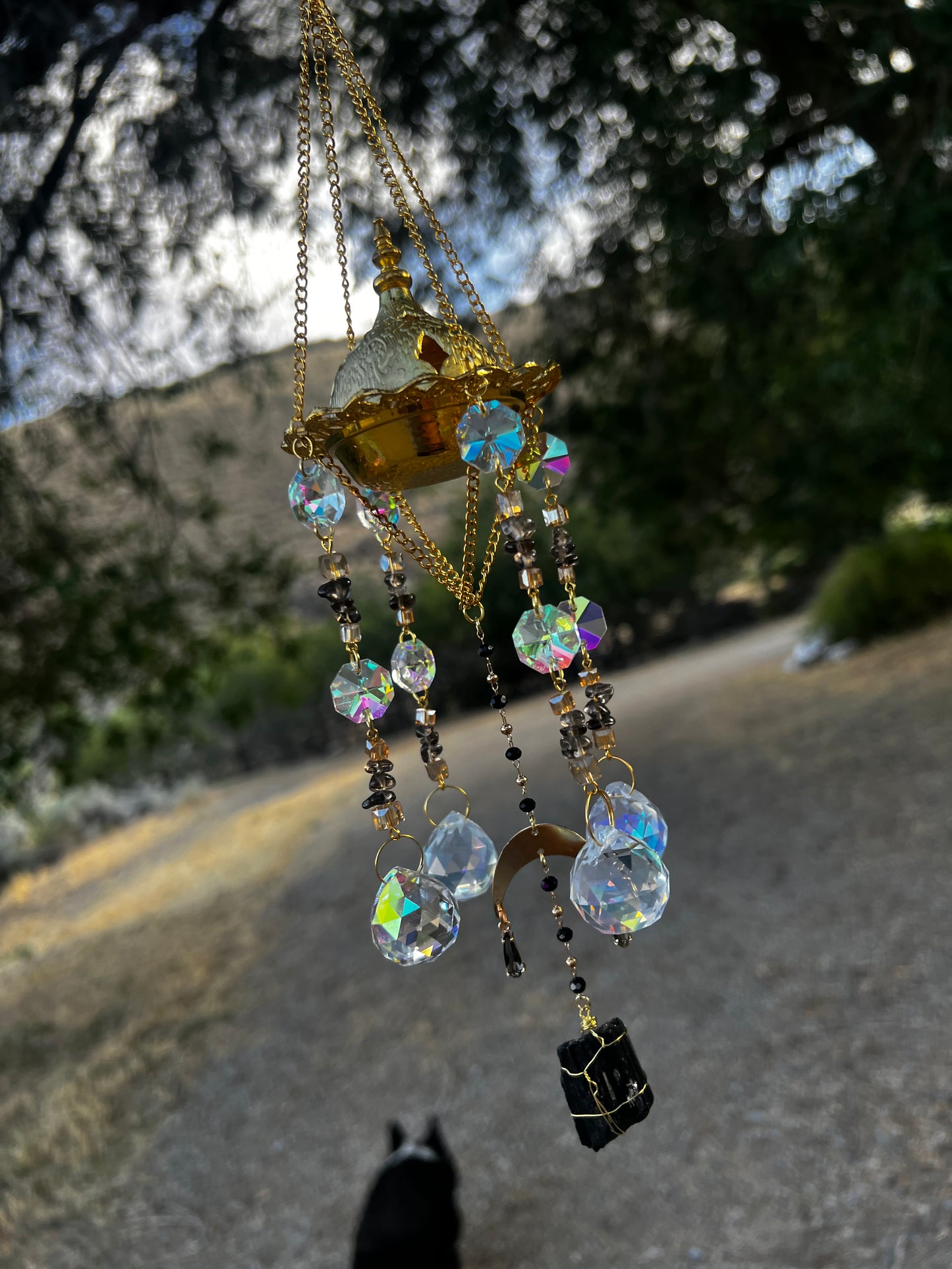 “Ravenna” Smokey Quartz Black Tourmaline Incense Holder Suncatcher
