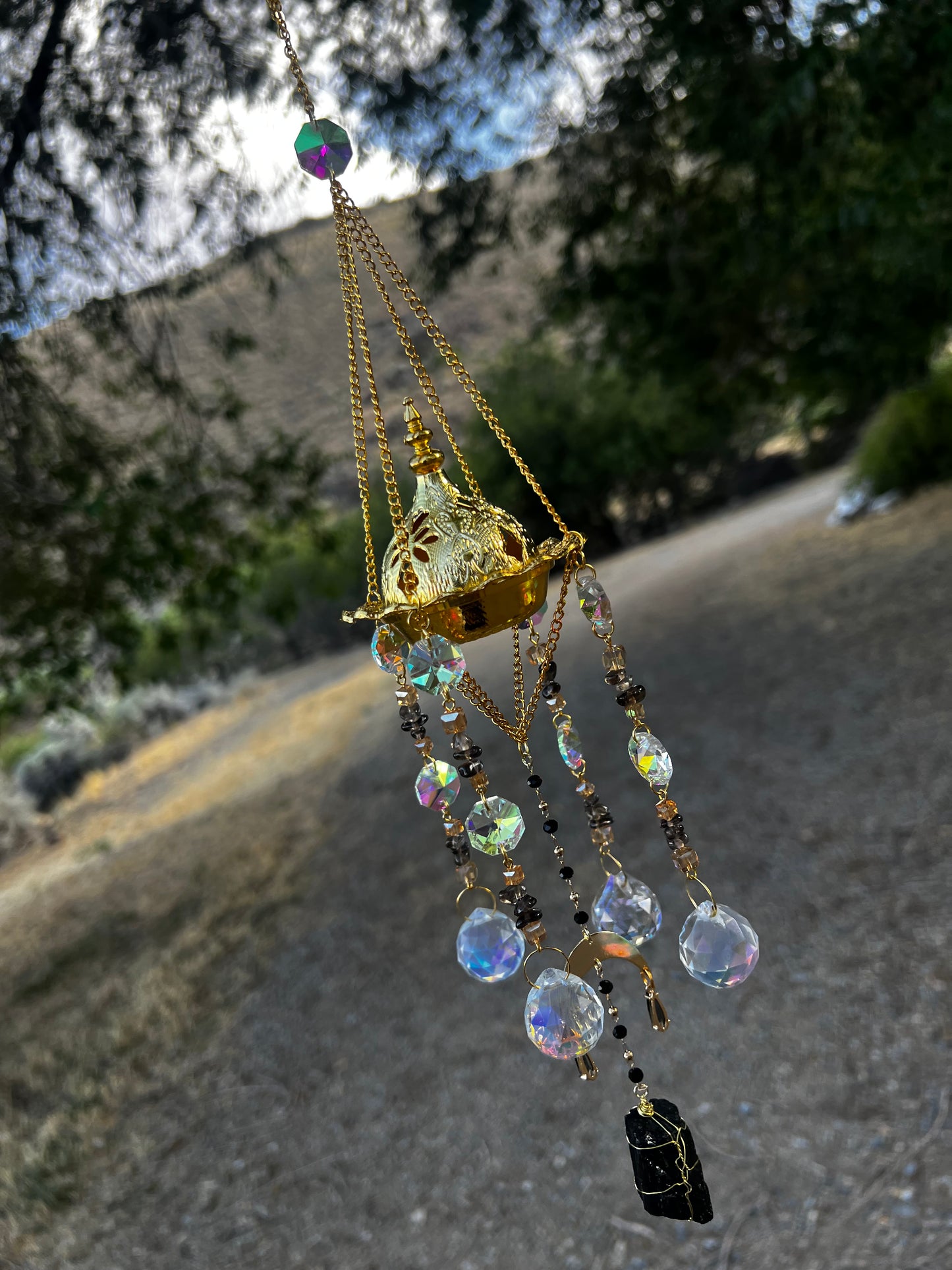 “Ravenna” Smokey Quartz Black Tourmaline Incense Holder Suncatcher