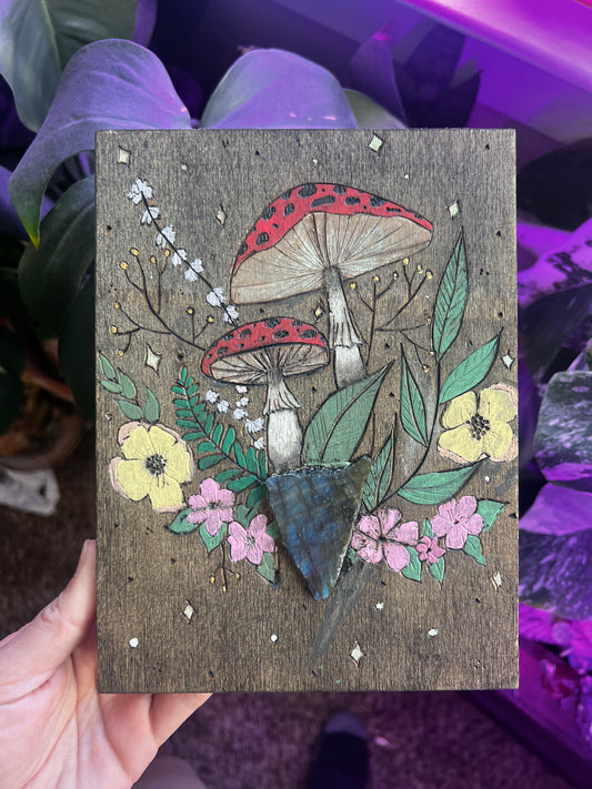 Wood-burned Hand Painted Mushroom Forest Enchanted Forest with Labradorite