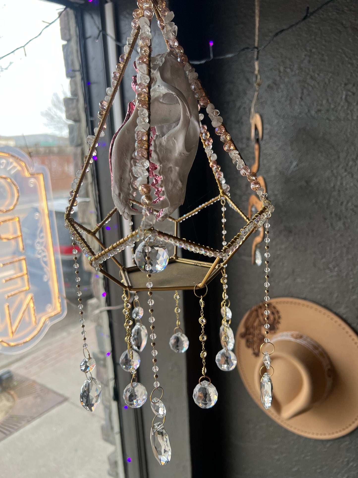 Althea Coyote Skull Mixed Media Taxidermy Oddities Geometric Crystal Suncatcher