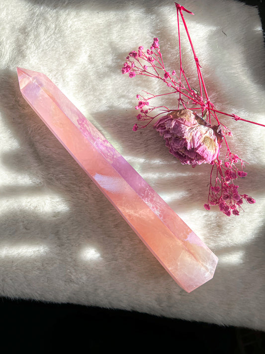 Large Angel Aura Rose Quartz Tower