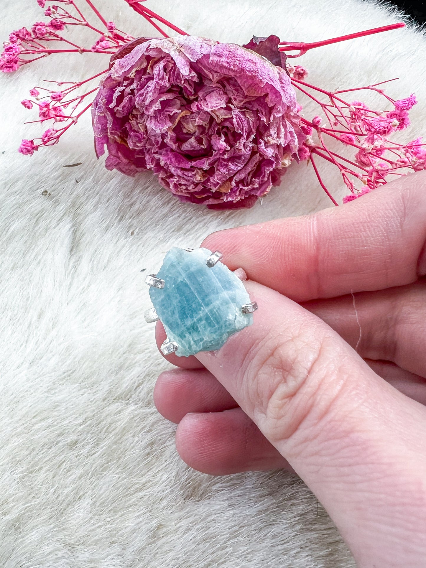 Silver Plated Rough Aquamarine Adjustable Ring