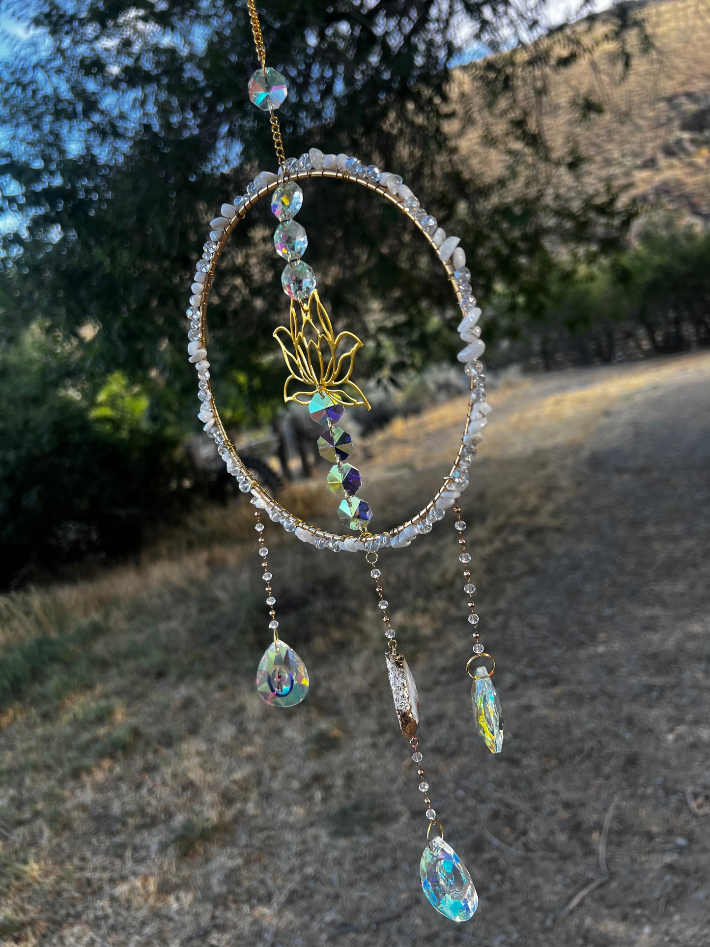 “Callidora” Rainbow Moonstone Lotus Crystal Suncatcher