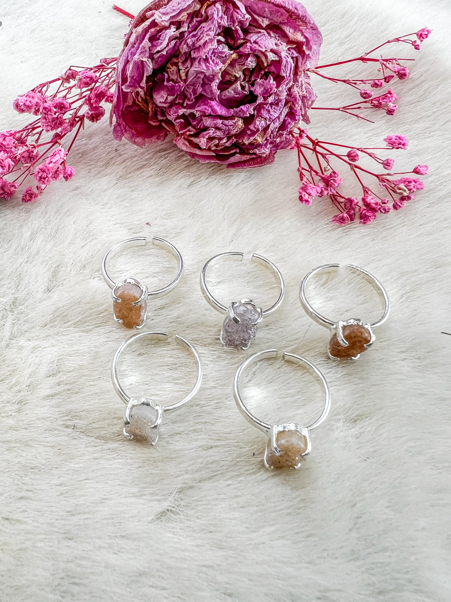 Druzy Dainty Quartz Amethyst Silver Plated Adjustable Rings