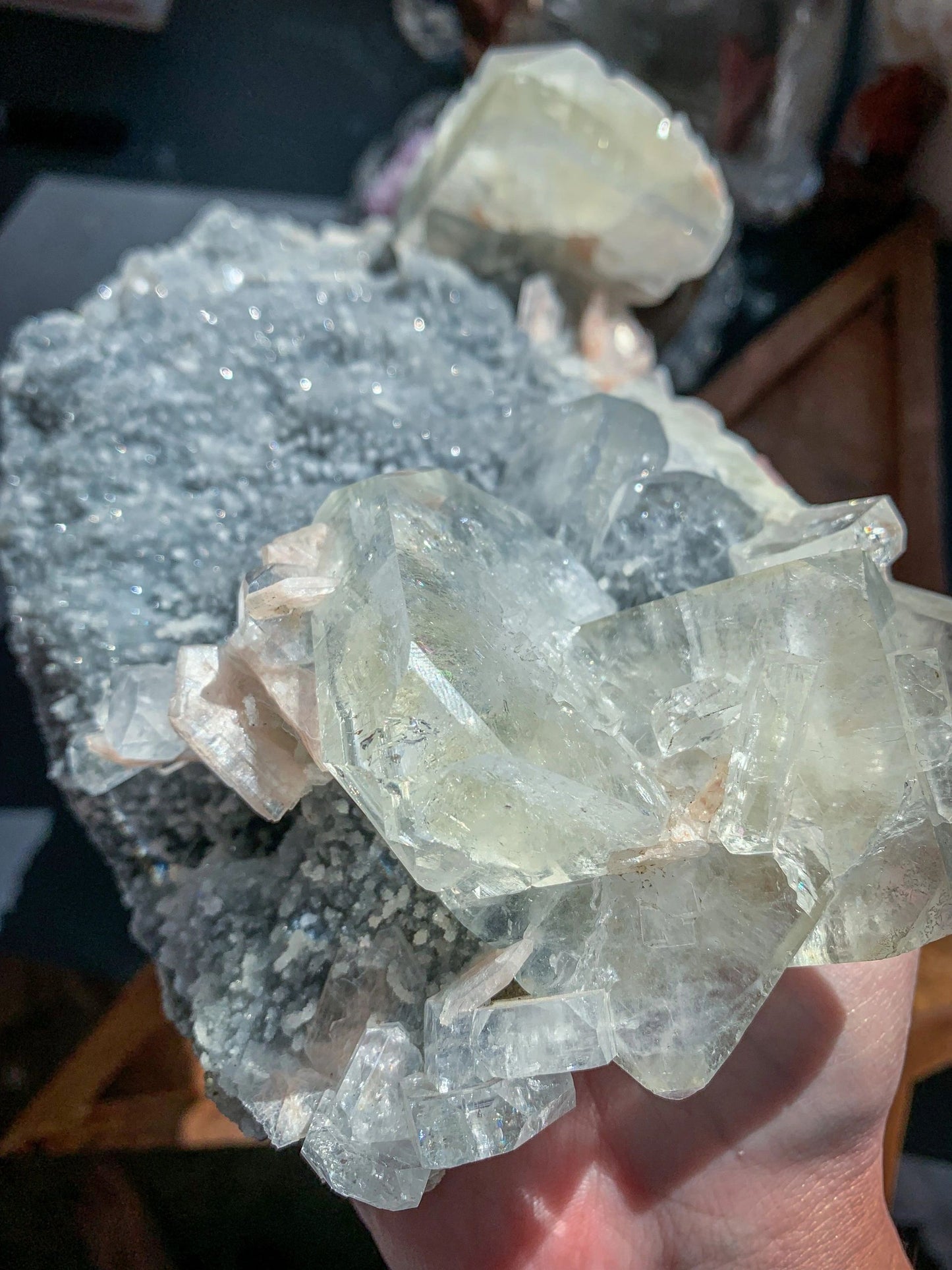 Black Chalcedony with Apophyllite & Peach Stilbite Large Cluster