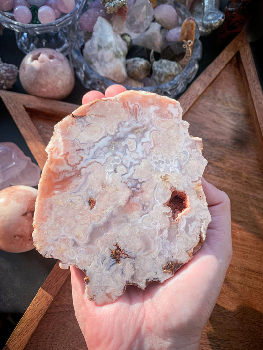 Flower Agate with Pink Amethyst Druzy Freeform One Side Polished Slab