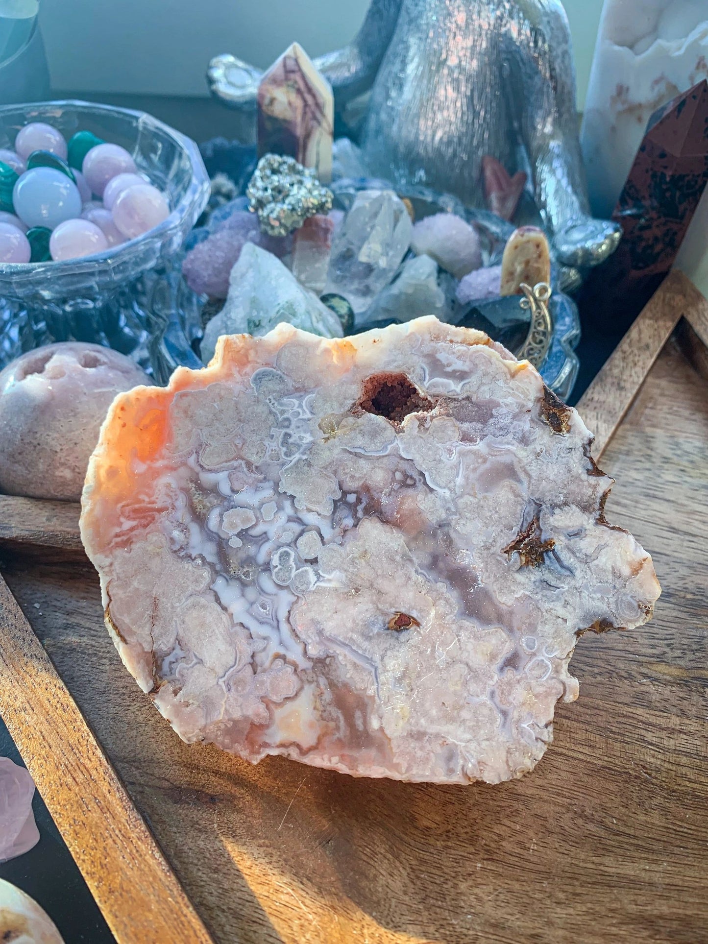 Flower Agate with Pink Amethyst Druzy Freeform One Side Polished Slab