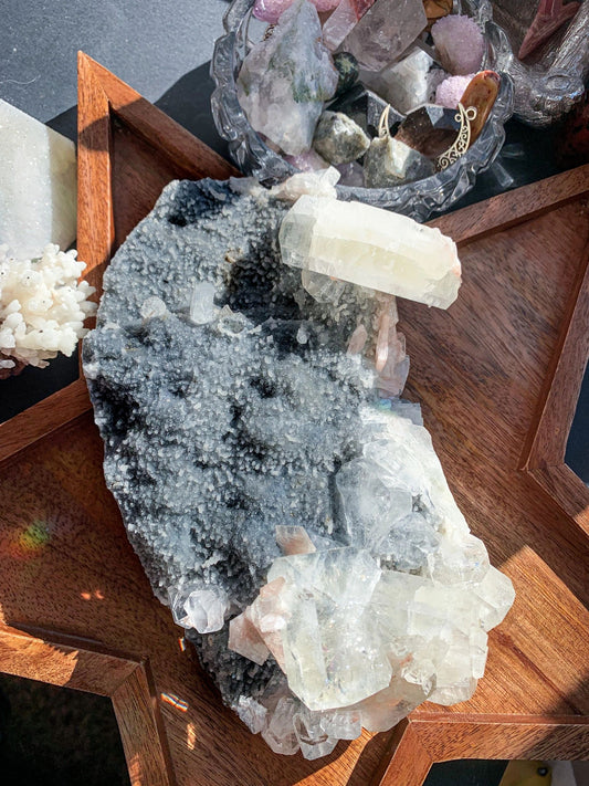 Black Chalcedony with Apophyllite & Peach Stilbite Large Cluster