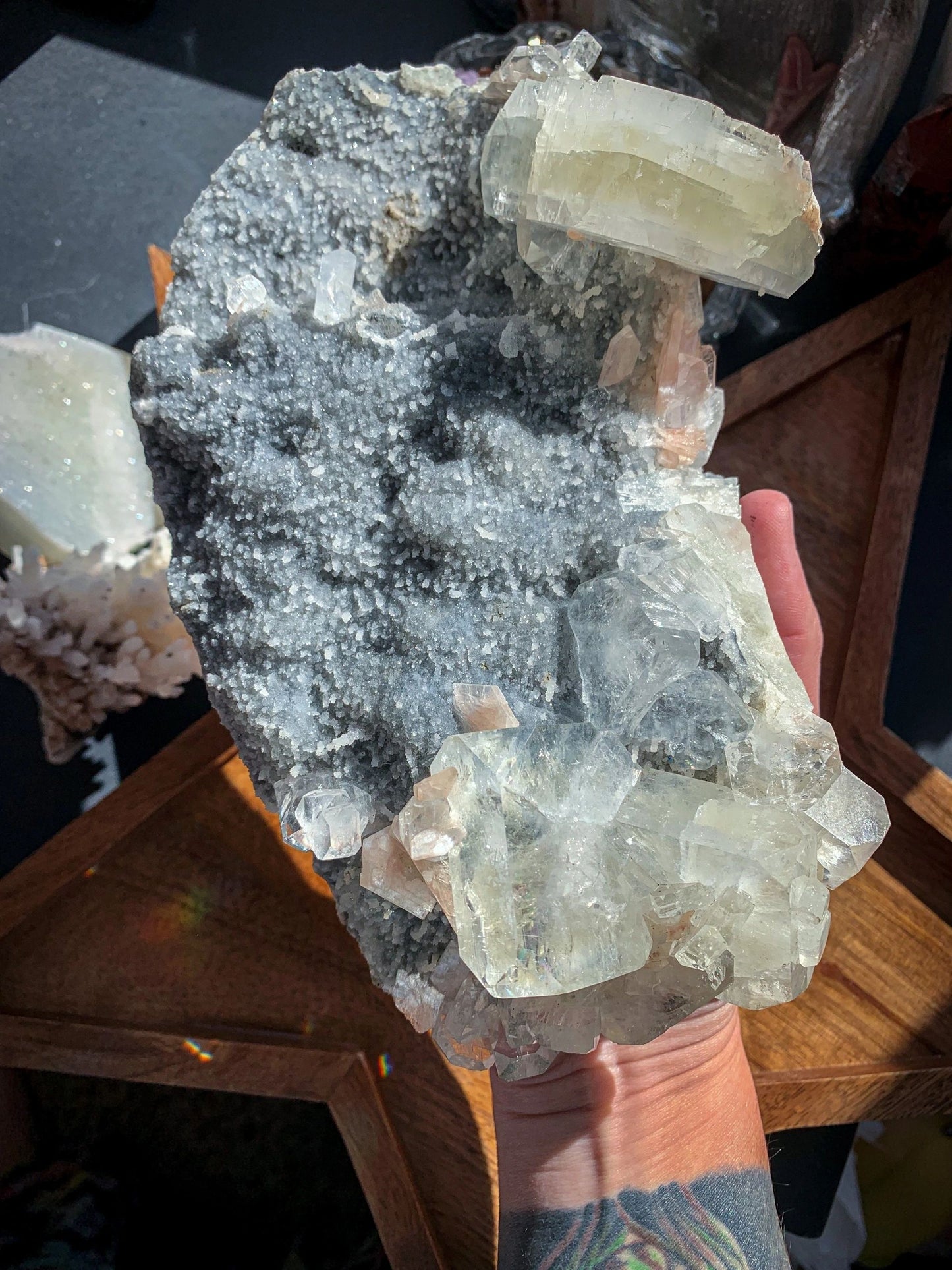 Black Chalcedony with Apophyllite & Peach Stilbite Large Cluster