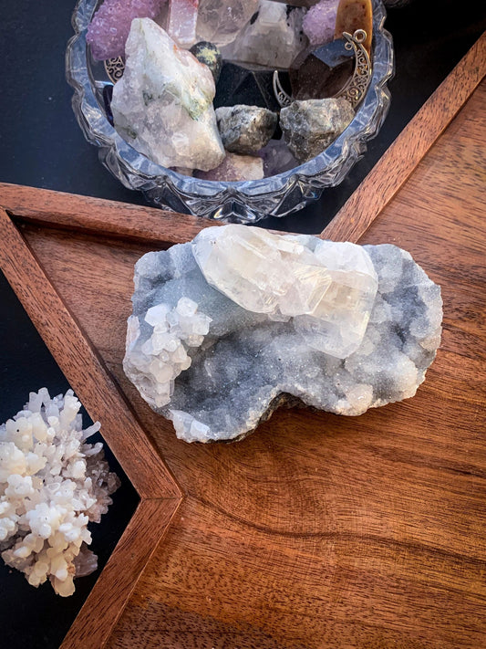 Black Chalcedony with Apophyllite & Peach Stilbite Cluster #O