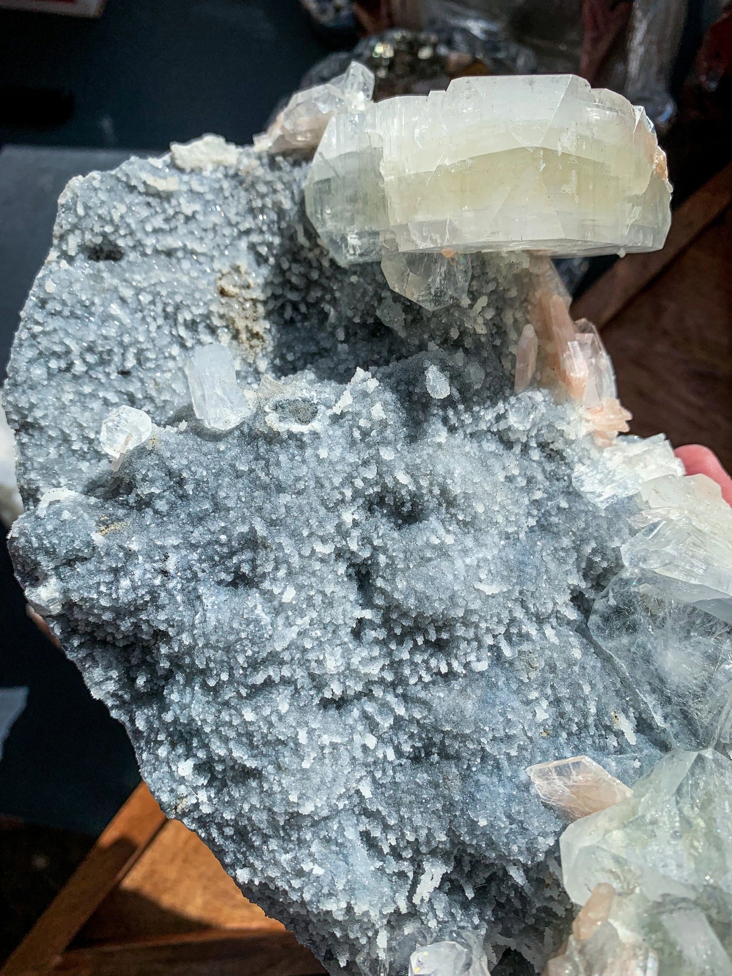 Black Chalcedony with Apophyllite & Peach Stilbite Large Cluster