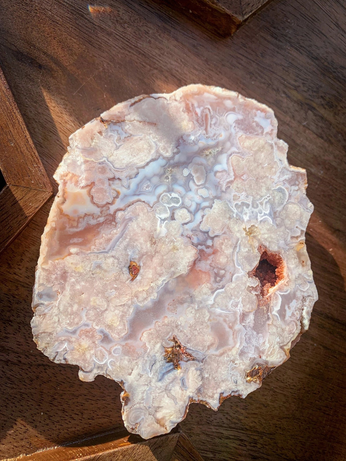 Flower Agate with Pink Amethyst Druzy Freeform One Side Polished Slab