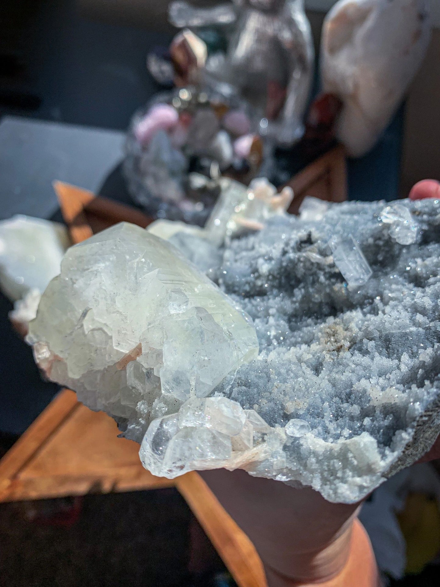 Black Chalcedony with Apophyllite & Peach Stilbite Large Cluster