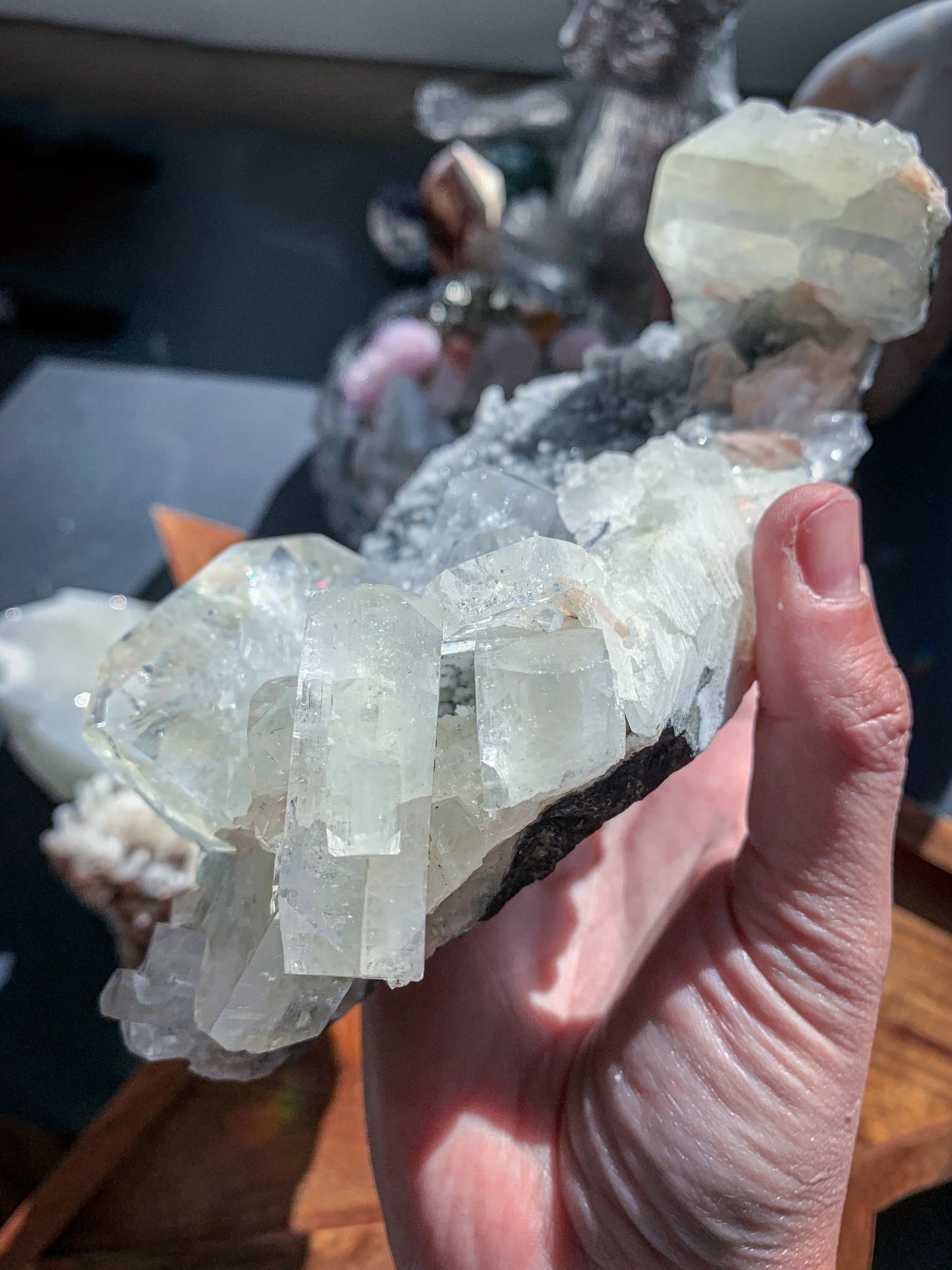 Black Chalcedony with Apophyllite & Peach Stilbite Large Cluster