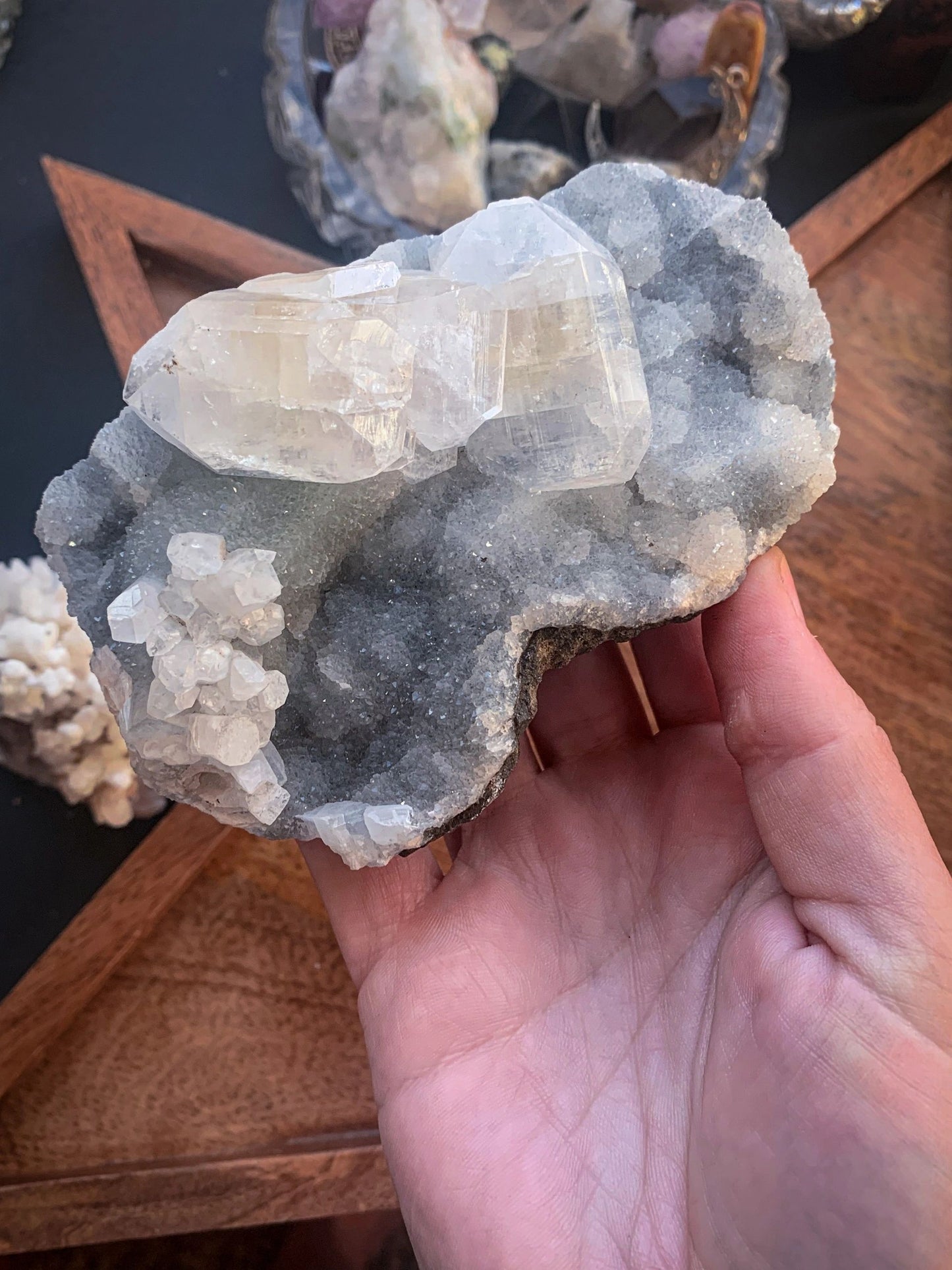 Black Chalcedony with Apophyllite & Peach Stilbite Cluster #O