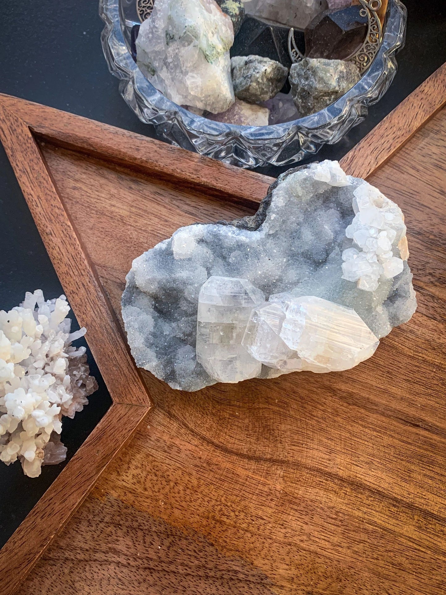 Black Chalcedony with Apophyllite & Peach Stilbite Cluster #O