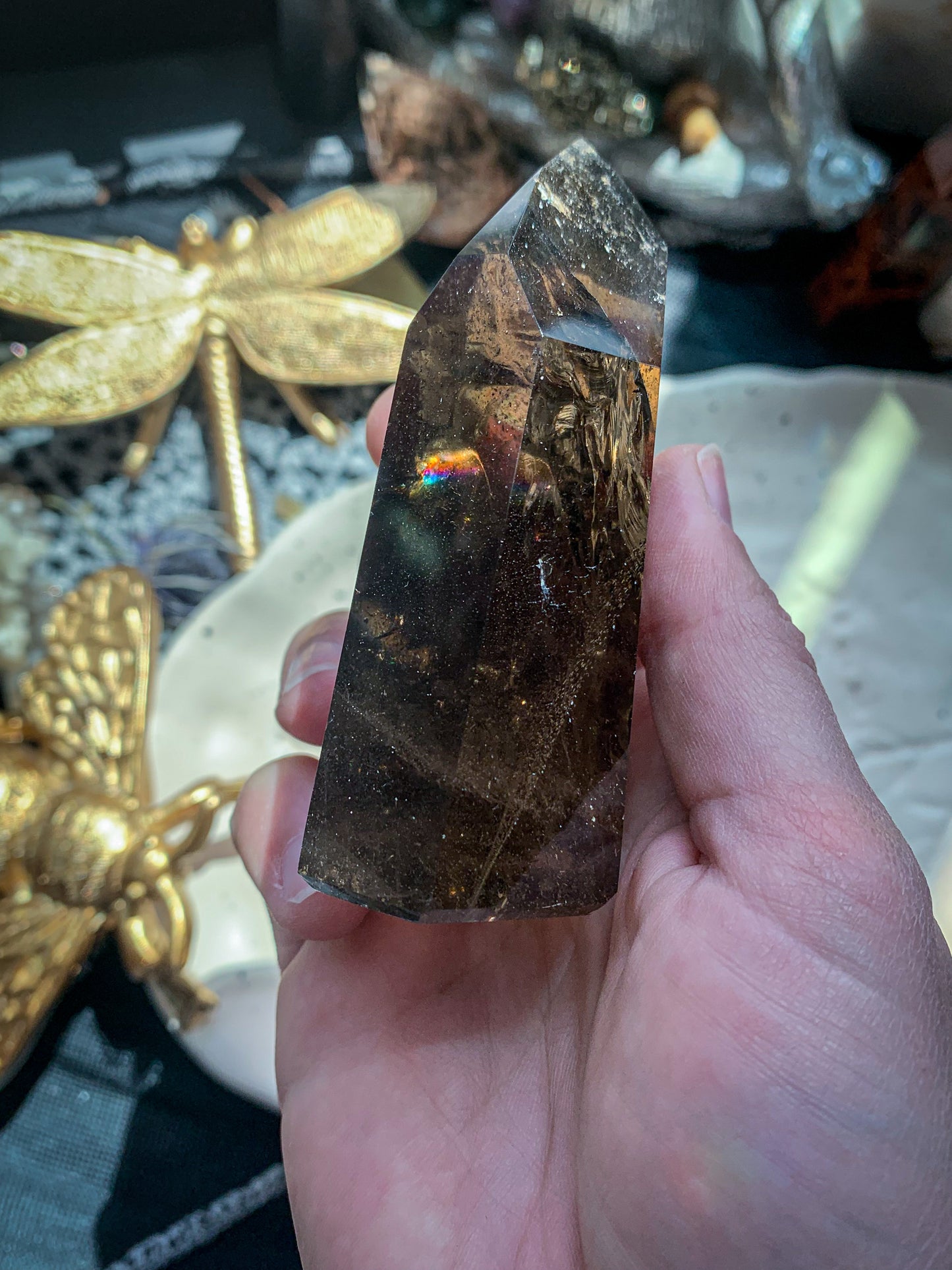 Smoky Quartz Brazilian Point Tower with Rainbows #D