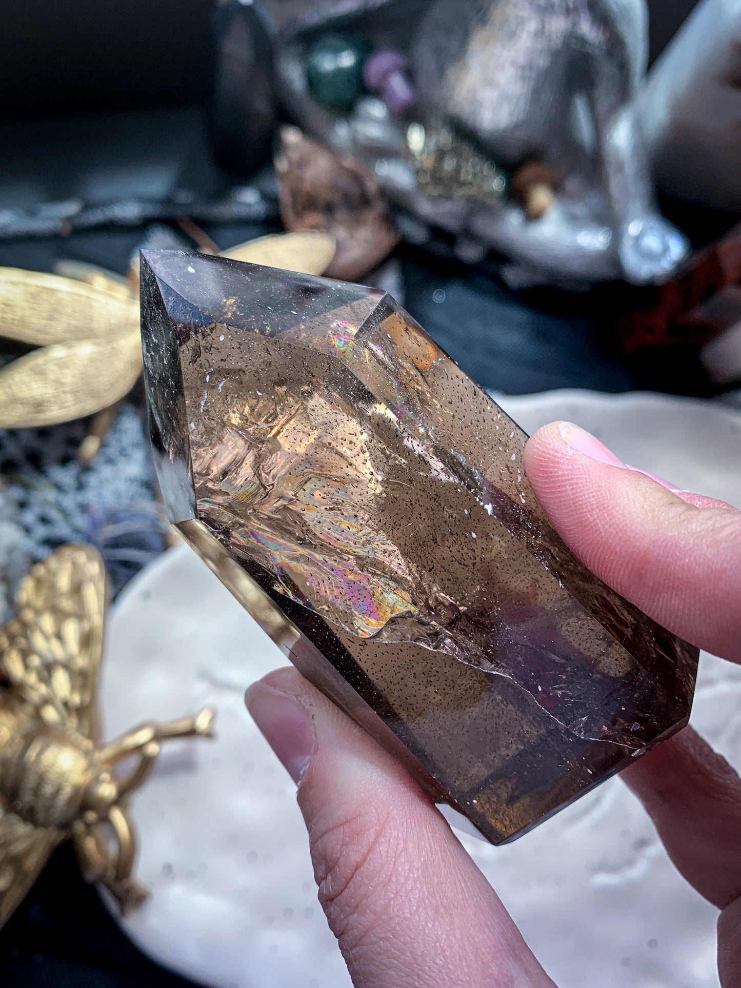 Smoky Quartz Brazilian Point Tower with Rainbows #D